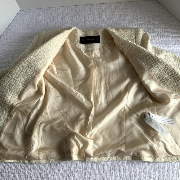 Zara Basic Open Front Long Sleeve Lined Blazer Jacket SZ XS Ivory Pockets - Picture 7 of 11